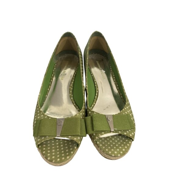 Etienne Aigner Size 7.5M Green Polka Dot Fabric Wedge Peep Toe cork heel Shoes - Picture 2 of 8